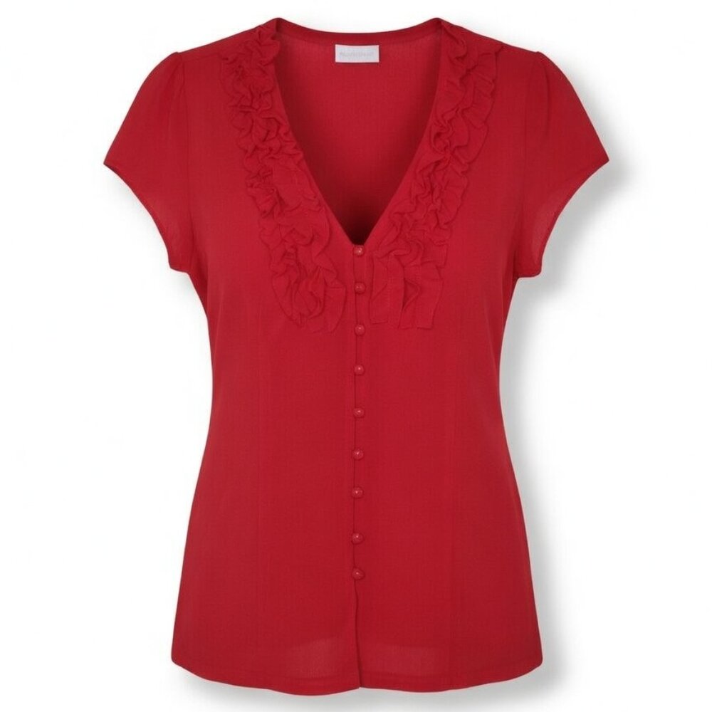 Women's Size L Red Romantic Feminine Ruffle V Neck Button Down Blouse